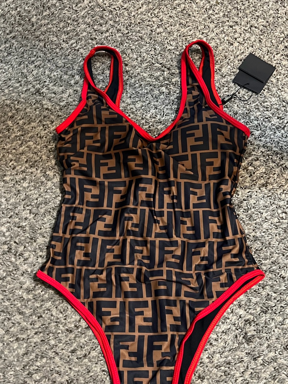 Fendi Brown & Red Logo One-Piece Swimsuit